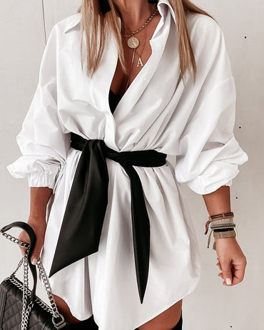 Turn-down Collar Long Sleeve Tied Detail Shirt Dress Mini Dress with Belt