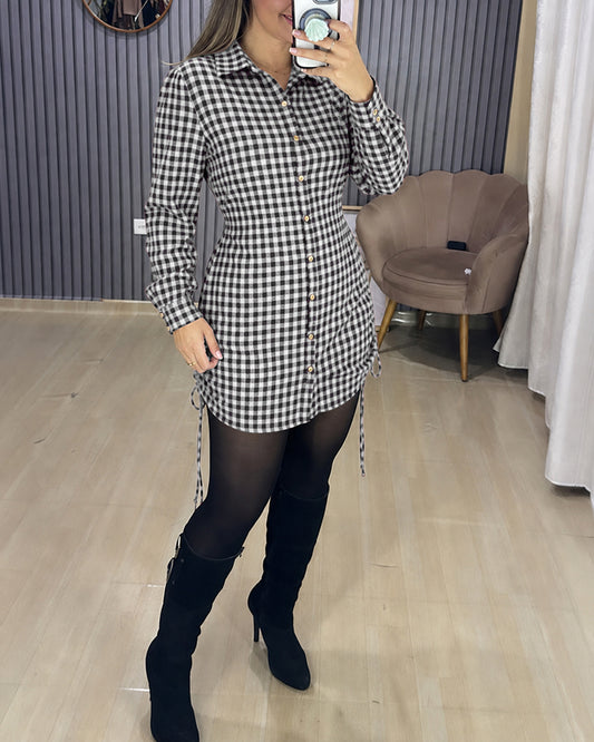 Women's Vintage Plaid Drawstring Long Sleeve Casual Dress Shirred Button Down Shirt Dress