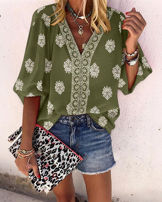 Vintage Baroque Placement Print V-Neck Lantern Sleeve Blouse Casual Long Sleeve Loose Fit Boho Top