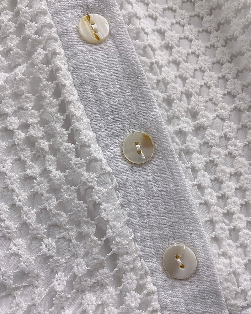 Notch Neck Roll Up Sleeve Lace Overlay Shirt Half Button Front Ruffle Hem Casual Top