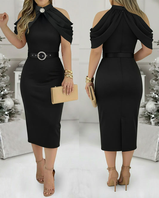 Chic Plain High Neck Party Dress with Cold Sleeves and Sparkling Rhinestones Decor Elegant Slim Fit Midi Dress (With Belt)