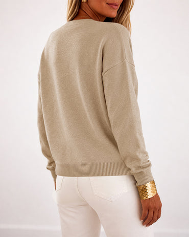 Women's Gold Button Knit Cardigan V Neck Sweater with Pockets
