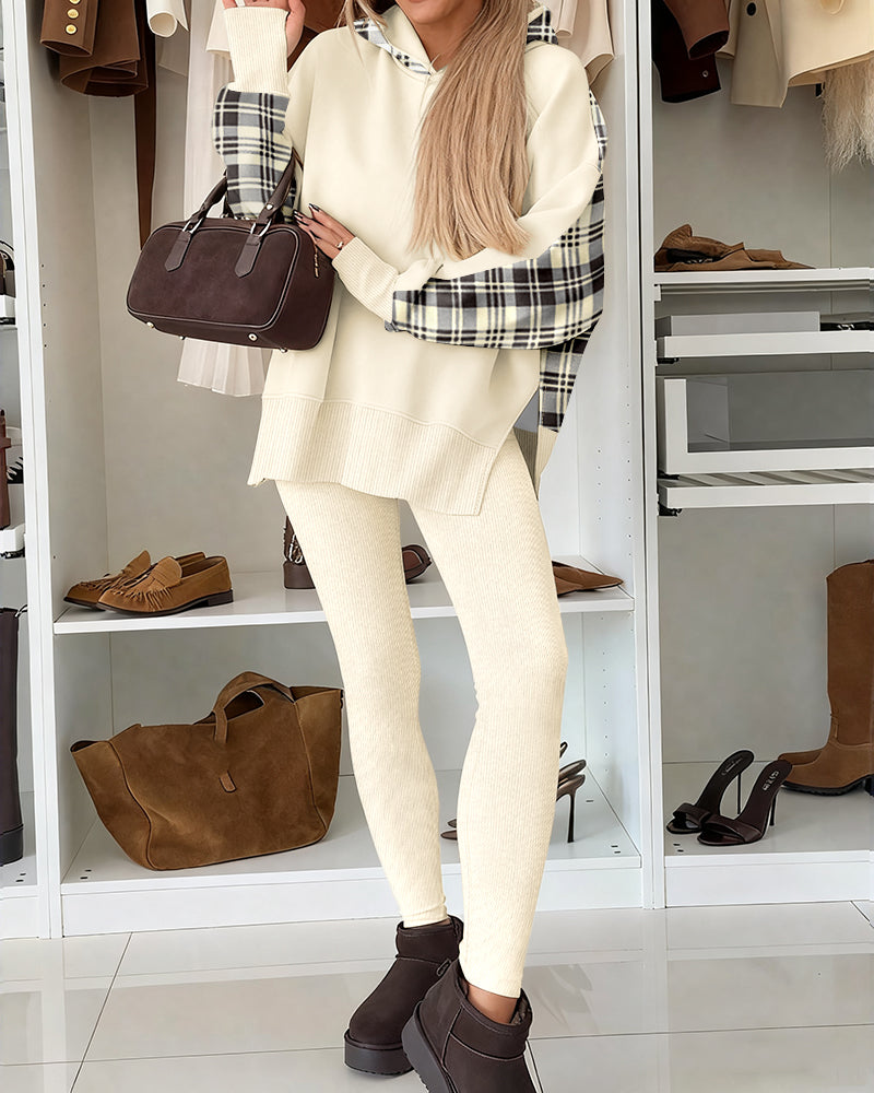 2 Pieces Outfit Plaid Print Spliced Drop Shoulder Side Slit Loose Sweatshirt with Thumb Hole Cuffs and Elastic Waist Slim Fit Ribbed Pants Set