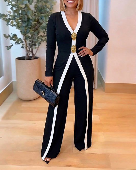 Women's Contrast Binding Faux Two-Piece Jumpsuit Elegant V Neck Wide Leg Overalls High Waisted Jumpsuits with Pockets