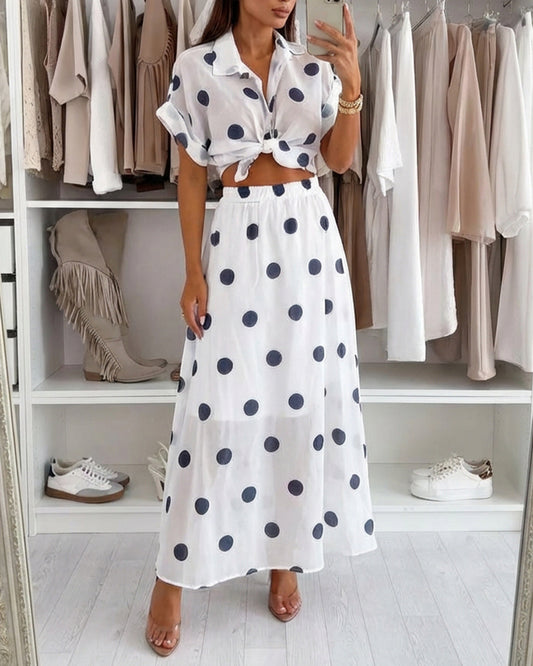2 Pieces Outfit Turn-down Collar Short Sleeve Rolled Cuffs Button Front Shirt and Elastic Waist Skirt Set Casual Polka Dot Print Set with Lining