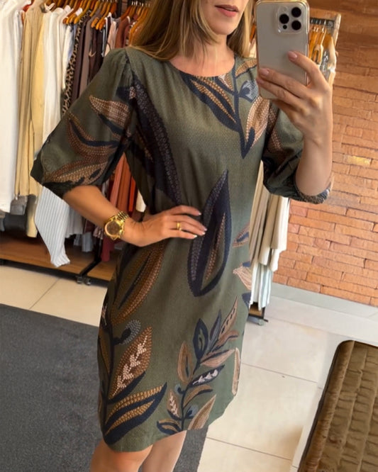 Plants Print Round Neck Half Sleeve Midi Dress
