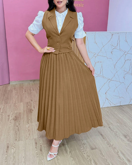 Turn-down Collar Sleeveless Button Vest and Casual Pleated Skirt Sets