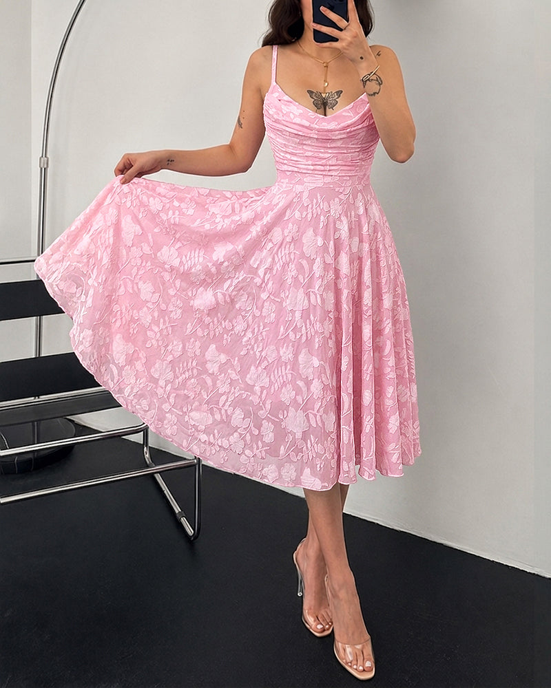 Women's Floral Jacquard Midi Dress Elegant Cowl Neck Adjustable Strap Ruched High Waisted A Line Vacation Cami Dress