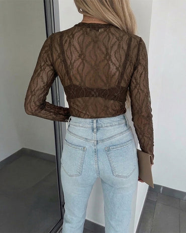 Women's Jacquard Textured Sheer Lace Long Sleeve Top Crewneck Slim Fit Tee with Thumb Holes
