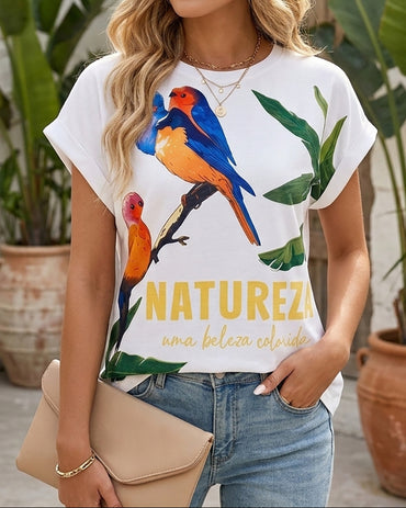 Tropical Animal & Plants Letter Print O-neck Short Sleeve Tee Casual Rolled Cuffs Top