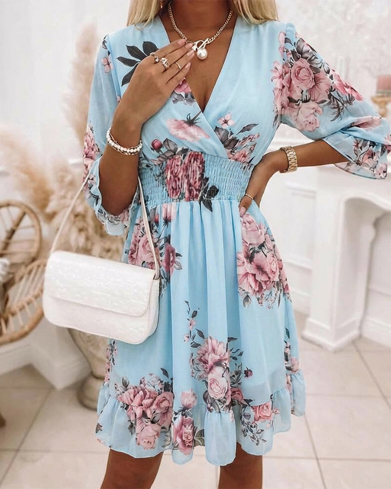 Floral Print Overlap V Neck Three Quarters Sleeve Shirred Waist Ruffle Hem Dress Casual Cinched Waist Flared Cuffs Chiffon Vacation Dress with Lining