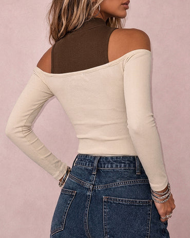 Women's Mock Neck Cold Shoulder Faux Two-Piece Top Colorblock Slim Fit Knit Top