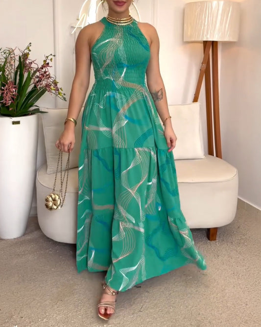 Abstract Line Print Halter Sleeveless Ruffle Hem Dress Casual Shirred Cinched Waist Maxi Dress