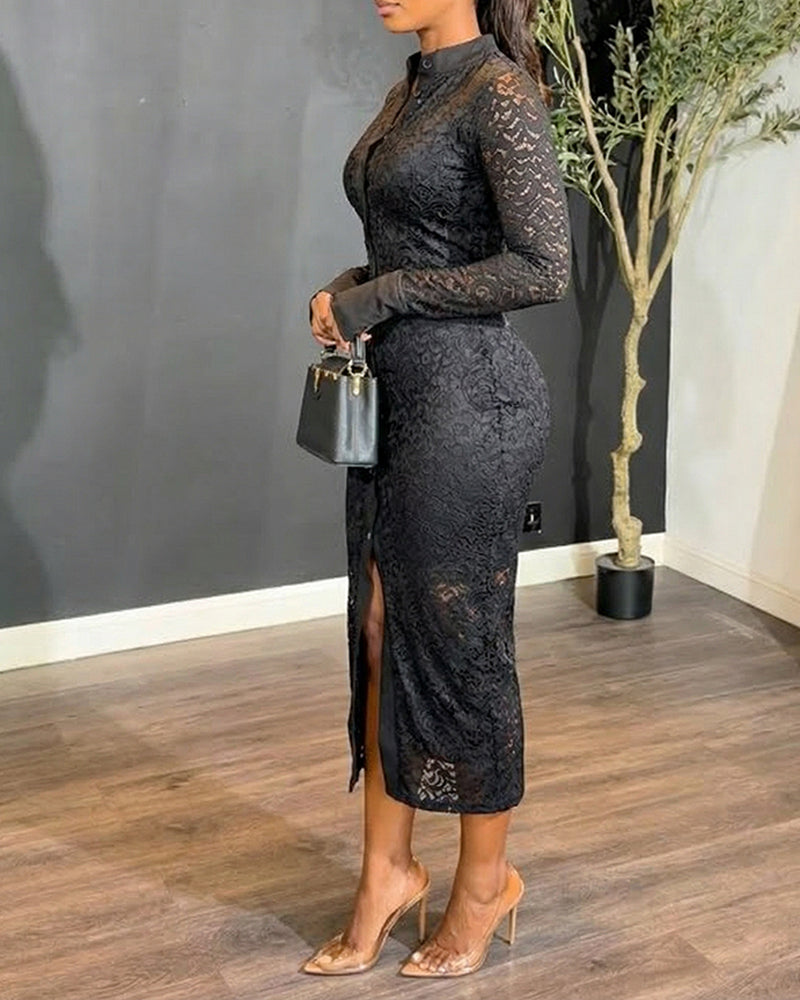 CHICME Women's Stand Collar Floral Lace Mid-length Dress Long Sleeve Button Down Bodycon Dress with Cami Lining Set