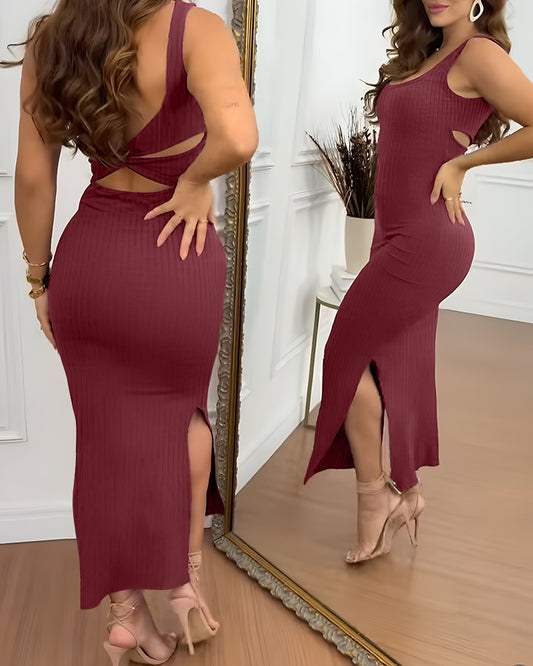 U-Neck Sleeveless Backless Twist Back Side Slit Knit Dress Slim Fit Versatile Ribbed Maxi Tank Dress