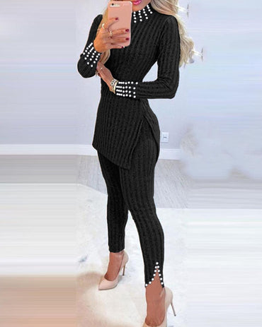 Ensemble 2 Pièces Col Montant Manches Longues Évidé Dos Fente Latérale Haut Long et Taille Haute Ourlet Fendu Pantalon Ensemble Décontracté Perles Décor Slim Fit Tricot Lounge Ensemble