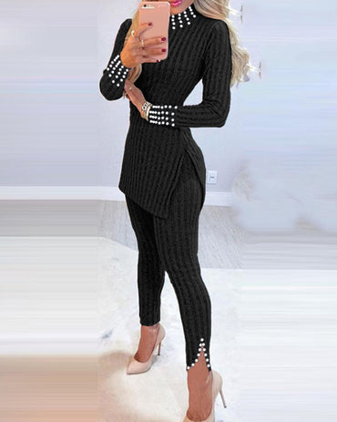 Ensemble 2 Pièces Col Montant Manches Longues Évidé Dos Fente Latérale Haut Long et Taille Haute Ourlet Fendu Pantalon Ensemble Décontracté Perles Décor Slim Fit Tricot Lounge Ensemble
