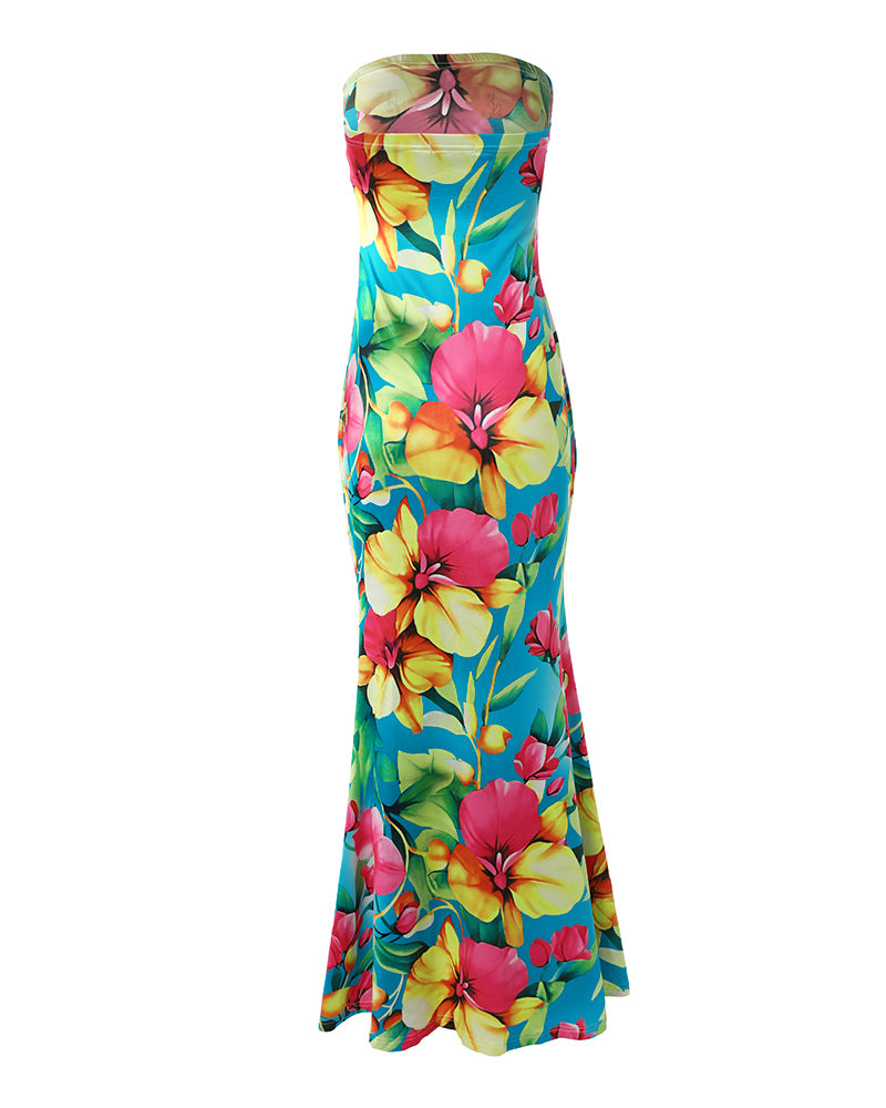 Allover Floral Print Mermaid Hem Tube Dress