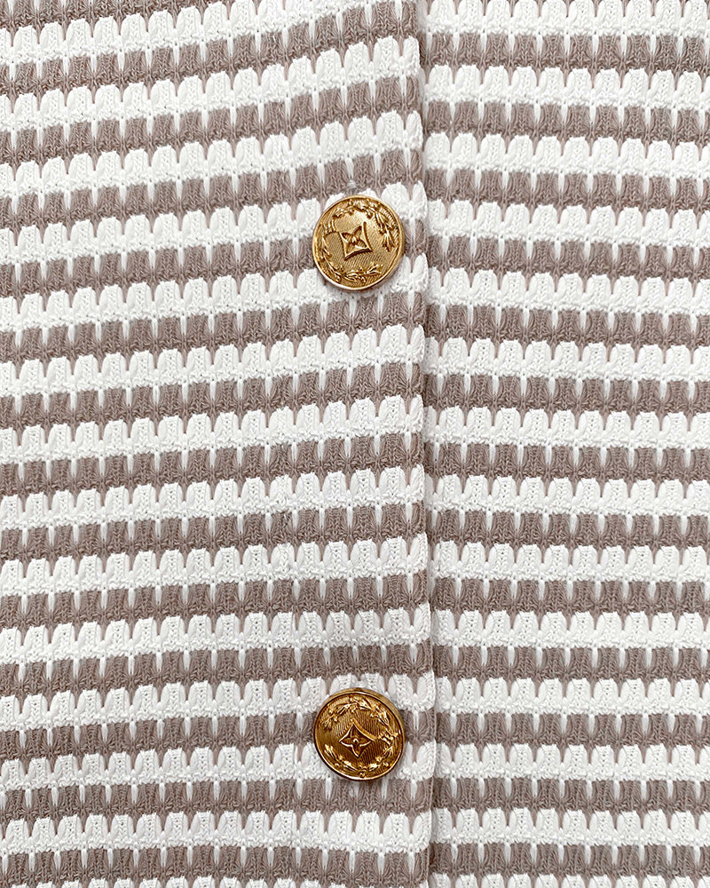 Women's Striped Textured Long Sleeve Crew Neck Gold Button Crop Coat