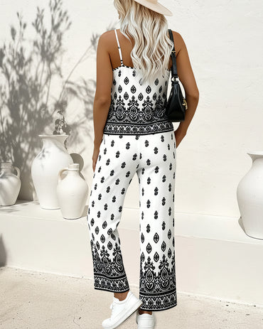 2 Pieces Outfit Boho Woven Spaghetti Straps Tie Front Top and Elastic Waist Wide Leg Pants Set Casual Rhinestone Decor Vintage Baroque Print Vacation Set