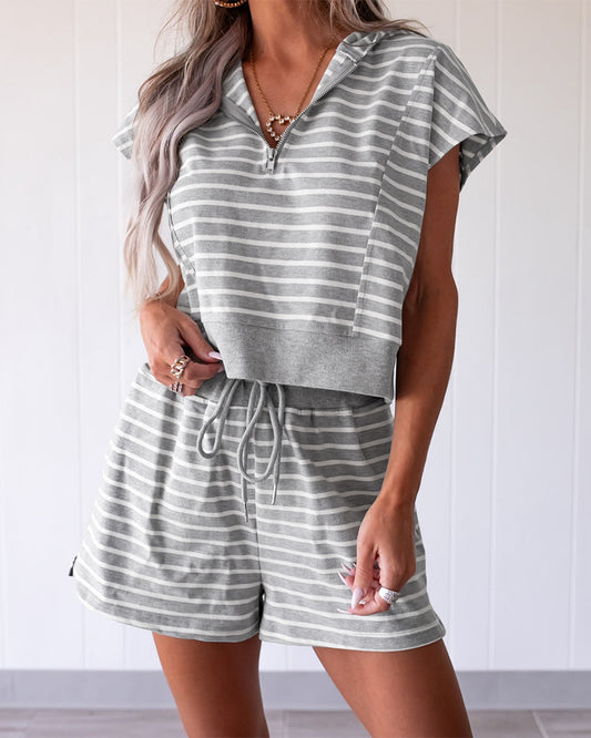 Women's Striped 2 Piece Outfits Half Zip Hooded Crop Top and High Waisted Drawstring Shorts Casual Tracksuit Set