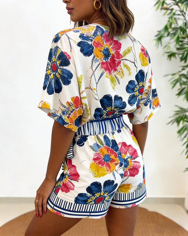 Women's Oil Painting Floral Print Romper V Neck Wrap Knot Side Jumpsuit Half Sleeve Beach Vacation Summer Skorts Romper