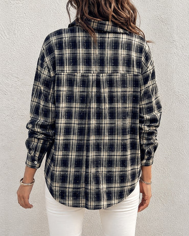 Women's Plaid Rhinestone Shirt Casual Drop Shoulder Button Down Blouse Vintage Long Sleeve Top