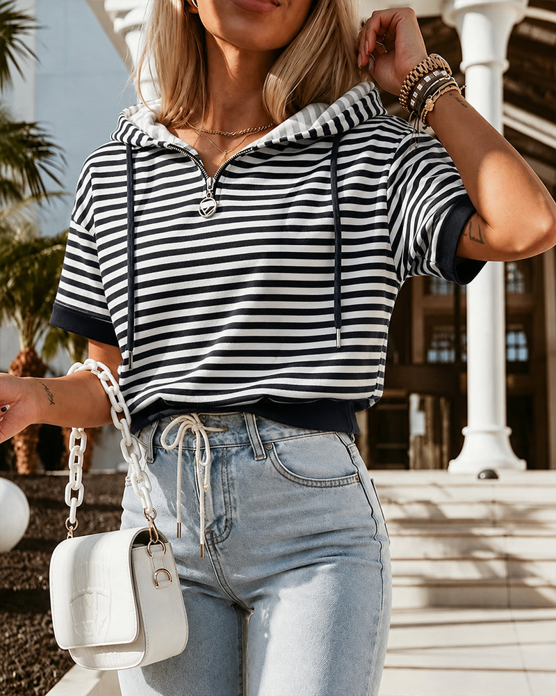 Women's Striped Half Zip Drawstring Hoodie Short Sleeve Sweatshirt Loose Contrast Trim Casual Pullover Top