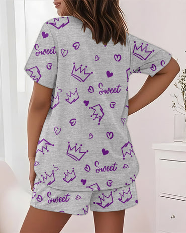 2 Pieces Outfit Sweet Letter Print Short Sleeve Top and Elastic Waist Shorts Set Casual Crown & Heart Print Pajamas Set