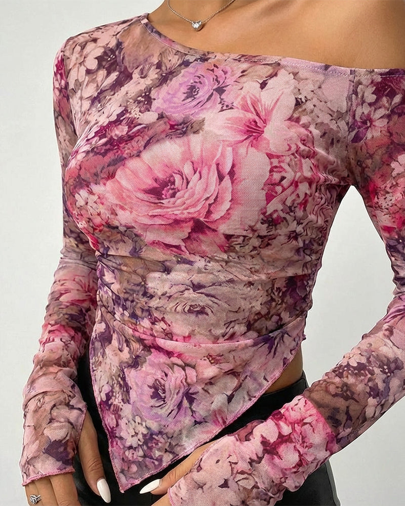 Floral Print Skew Neck Long Sleeve Asymmetrical Hem Tee Slim Fit Side Ruched Sheer Mesh Top with Thumb Hole Cuffs & Lining
