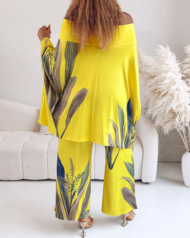 2 Pieces Outfit Plants Print Cold Shoulder Batwing Sleeve Top and Casual Wide Leg Pants Set