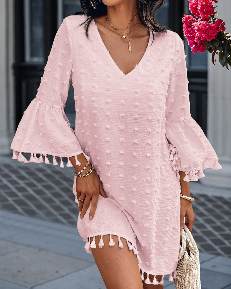 Large Swiss Dot V-Neck Bell Sleeve Mini Dress Casual Loose Fit Dress