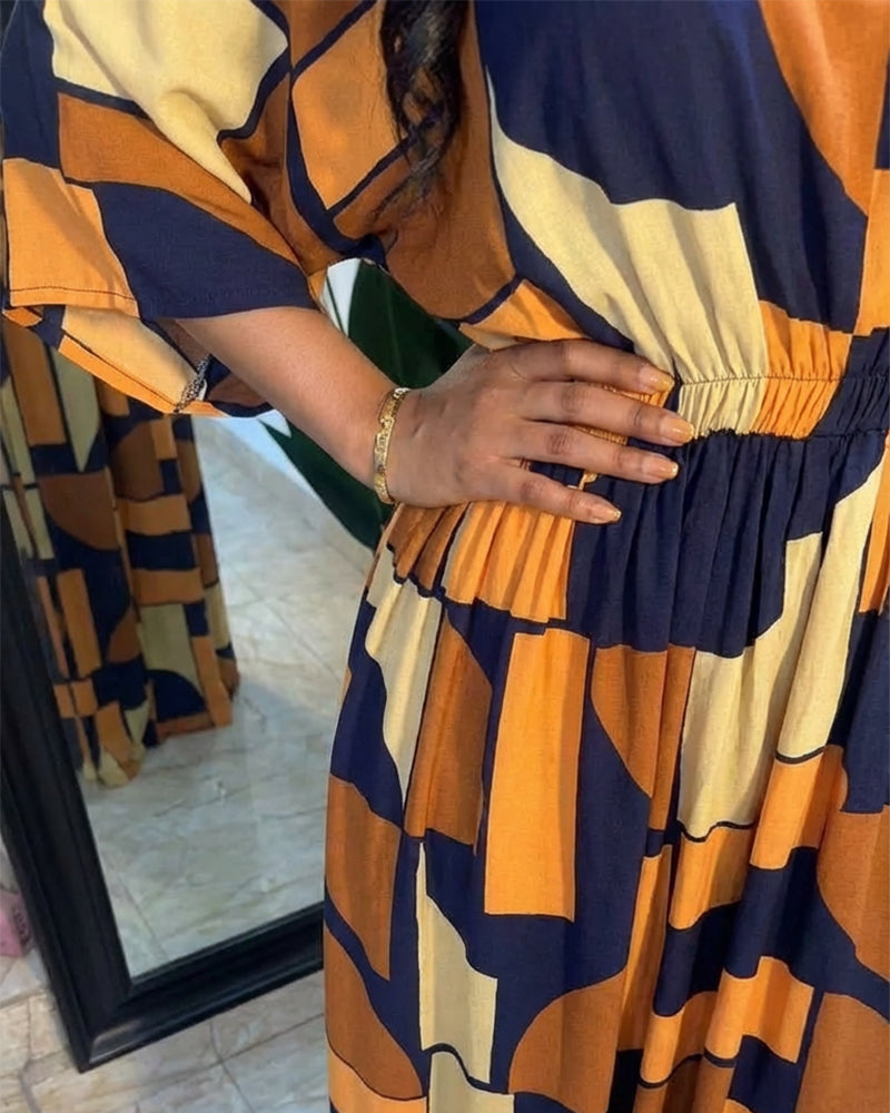 Colorblock Geometric Print V-Neck Batwing Sleeve Ruched Waist Overalls Casual Cinched Waist Wide Leg Jumpsuit