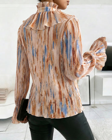 Tie Dye Print Stand Collar Flared Cuffs Button Front Blouse Casual Ruffles Design Pleated Top