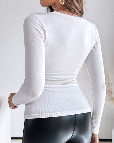 Built In Bra U Neck Tee High Stretchy Knit T-Shirt Long Sleeve Top