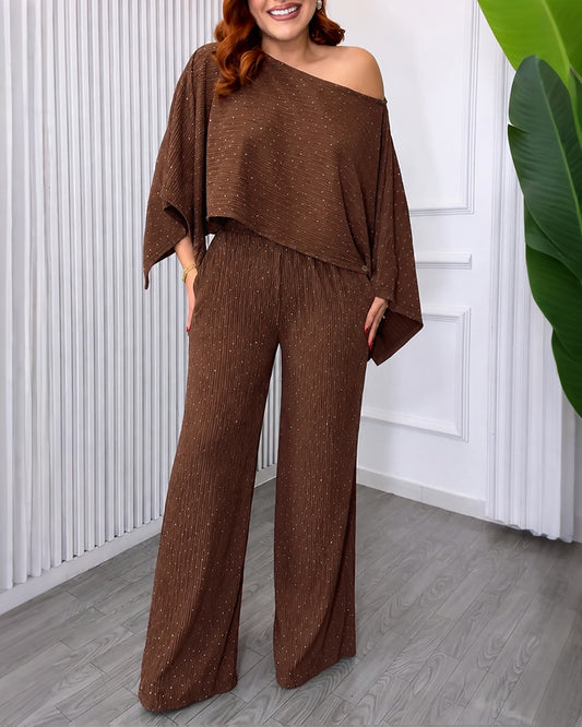 Women's Rhinestone Textured 2 Piece Outfits Loose Crop Top and High Waisted Wide Leg Pants Set Casual Matching Set