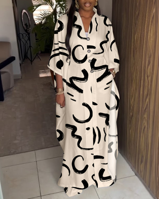 2 Pieces Outfit Batwing Sleeve Button Front Side Slit Longline Coat and Elastic Back Waist Wide Leg Pants Set Casual Abstract Print Satin Set