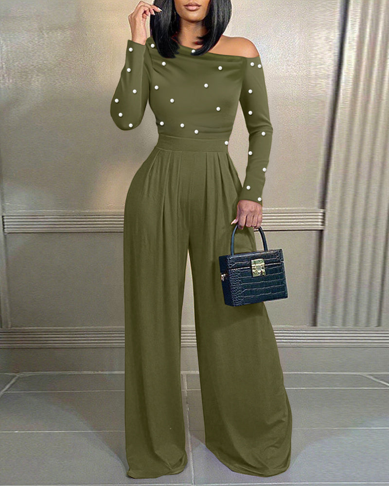 Pearls Decor Skew Neck Long Sleeve Cinched Waist Overalls Casual Ruched Zipper Back Wide Leg Jumpsuit