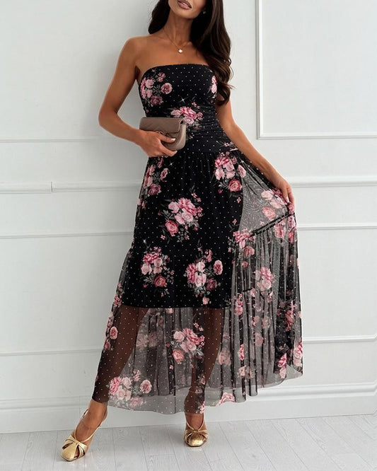 Women's Floral Strapless Mesh Dress Rhinestone Ruffle Hem Vacation Dress Cocktail Party Dress with Detachable Clear Straps