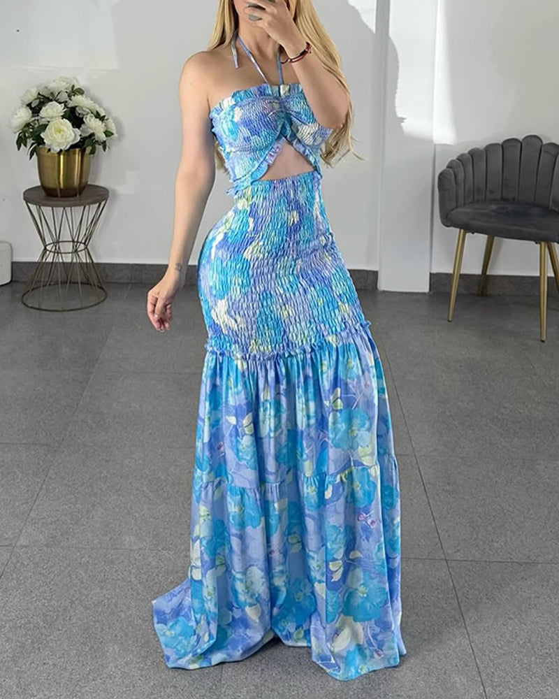 CHICME Women's Floral Halter Maxi Dress Cutout High Waisted Shirred Mermaid Ruffle Hem Dress Blue S by CHICME