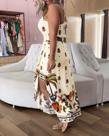 Tribal Print One Shoulder Flutter Sleeve Dress Casual Slim Fit Slit Asymmetrical Hem Vacation Dress