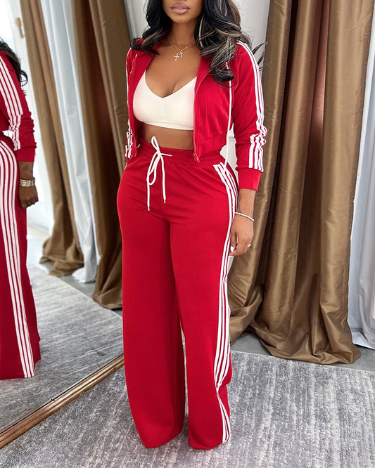 2 Pieces Outfit Zip Up Drawstring Hoodie Crop Coat and Drawstring Elastic Waist Wide Leg Pants Set Casual Contrast Side Striped Tracksuit