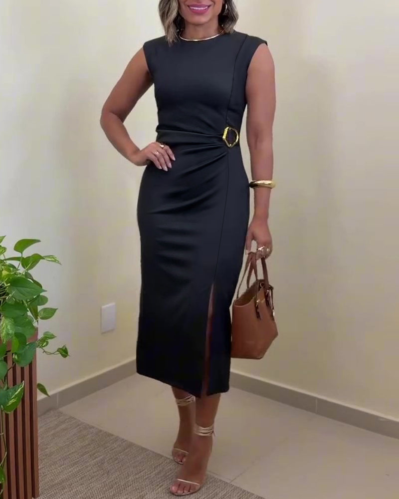 Women's Sleeveless Midi Dress Gold Buckle Ruched Front Slit Bodycon Dress