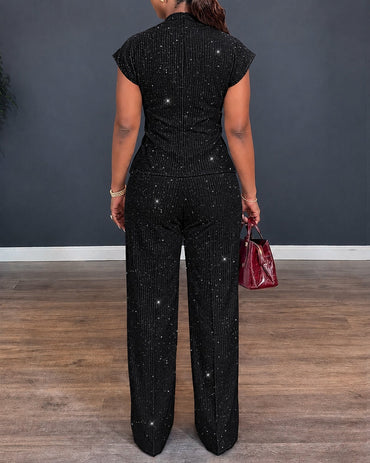 Ensemble 2 pièces texturé à paillettes pour femmes, col en V, manches torsadées, haut fendu et pantalon taille haute à jambe droite