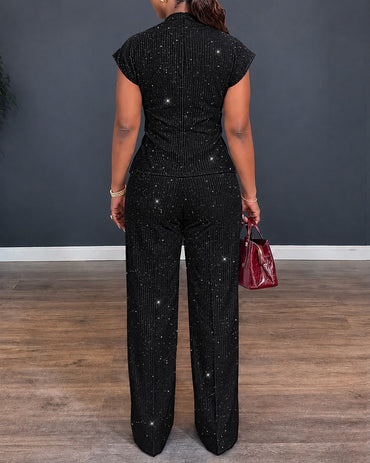 Ensemble 2 pièces texturé à paillettes pour femmes, col en V, manches torsadées, haut fendu et pantalon taille haute à jambe droite