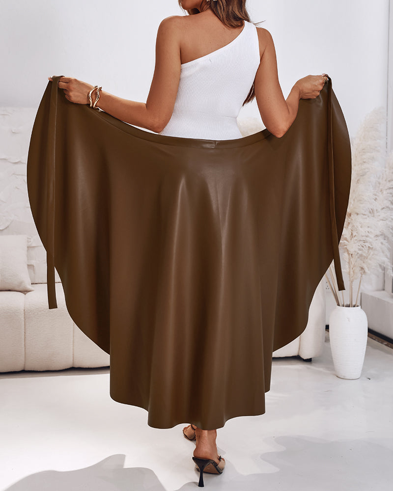 PU Leather Wrap Lace-Up Casual Mid-Length Skirt Work Skirt