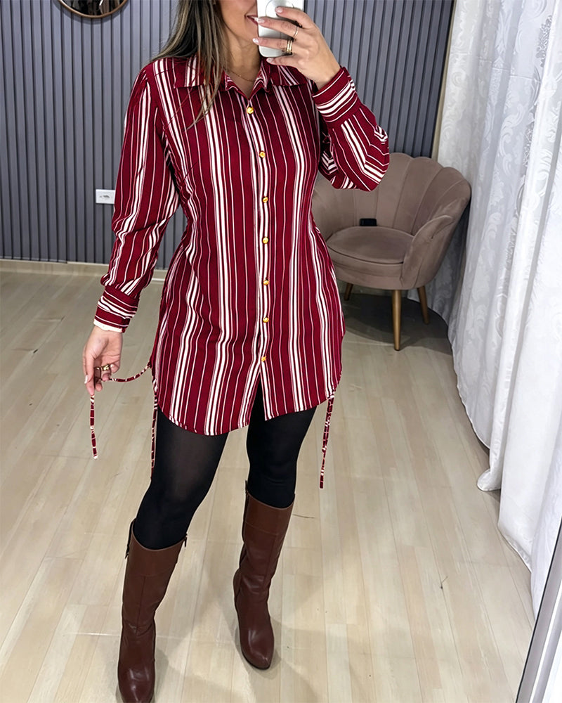 Women's Striped Shirt Dress Button Down Long Sleeve Shirred Waist Casual Dress