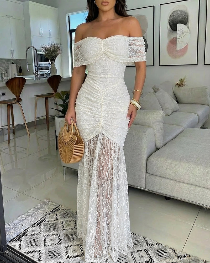 Foldover Off Shoulder Ruched Textured Lace Overlay Maxi Dress Elegant Mermaid Hem Evening Dress with Detachable Clear Adjustable Straps