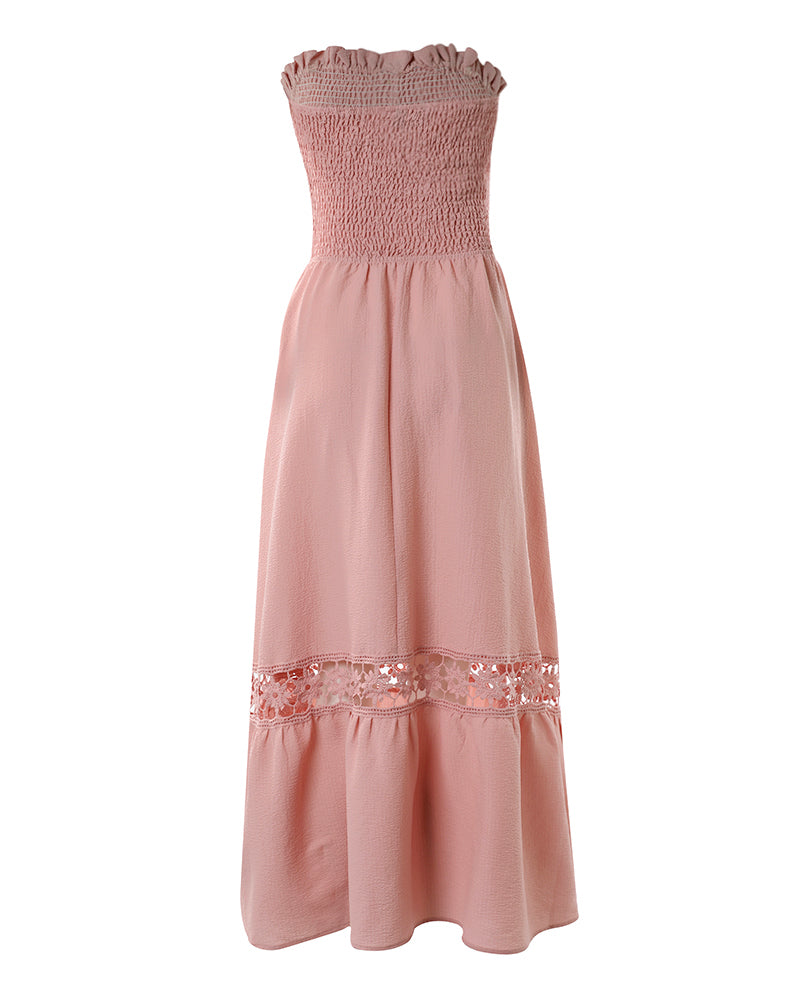 Women's Strapless Shirred Maxi Dress Lace Splice Tied Detail Frill Trim Sundress with Detachable Clear Straps