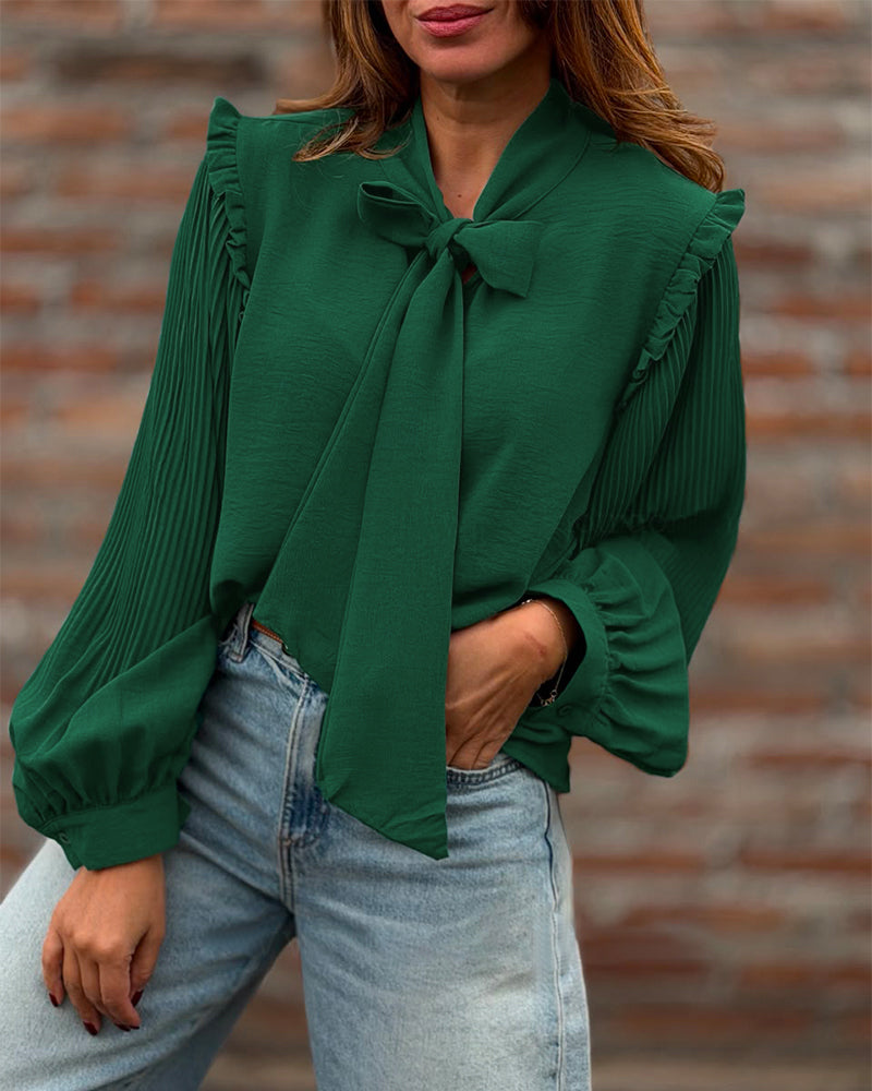 Women's Tie Neck Frill Trim Pleated Long Lantern Sleeve Chiffon Blouse